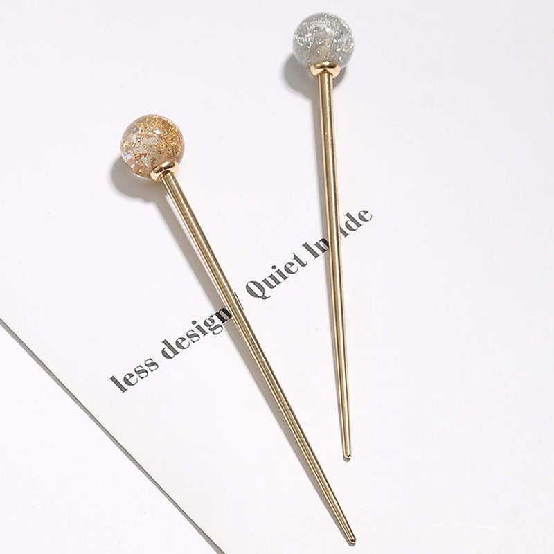 Luzen 2Pcs Simple Elegant Round Ball Metal Hair Stick Fork Chignon Pin Lollipop Shape Decorative Hairpin Chopsticks Hair Jewelry for Women Lady Teen Fashion Hair Updo Making Accessories, Silver and Gold - Image 2